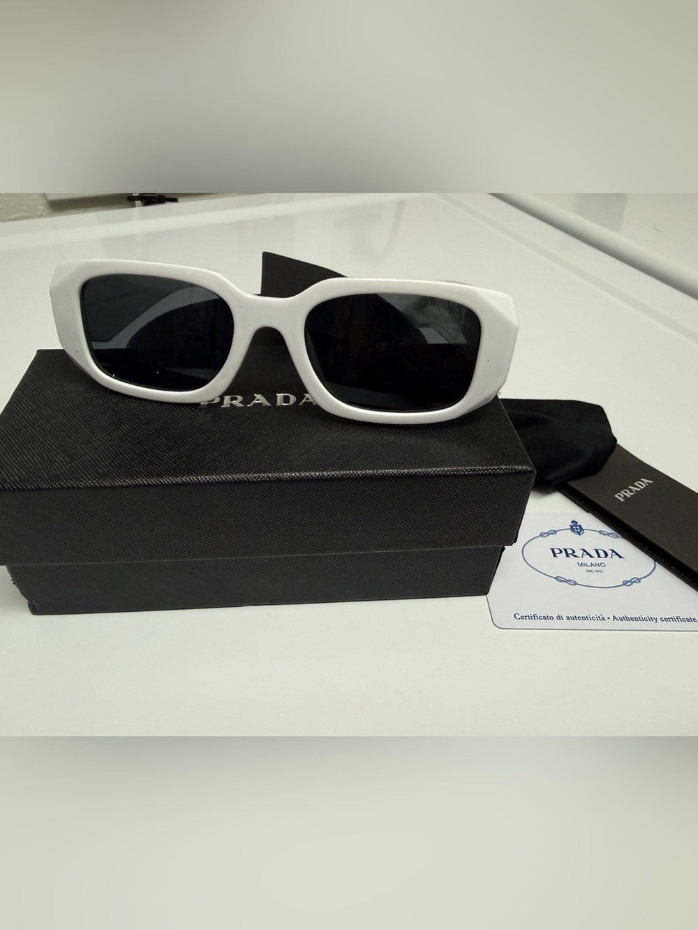 Prada White Rectangular  Sunglasses with gray Lenses